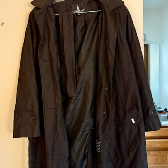 London Fog Black Single Breasted Trench Coat with Waist Belt and Hood-Medium - Picture 4 of 5